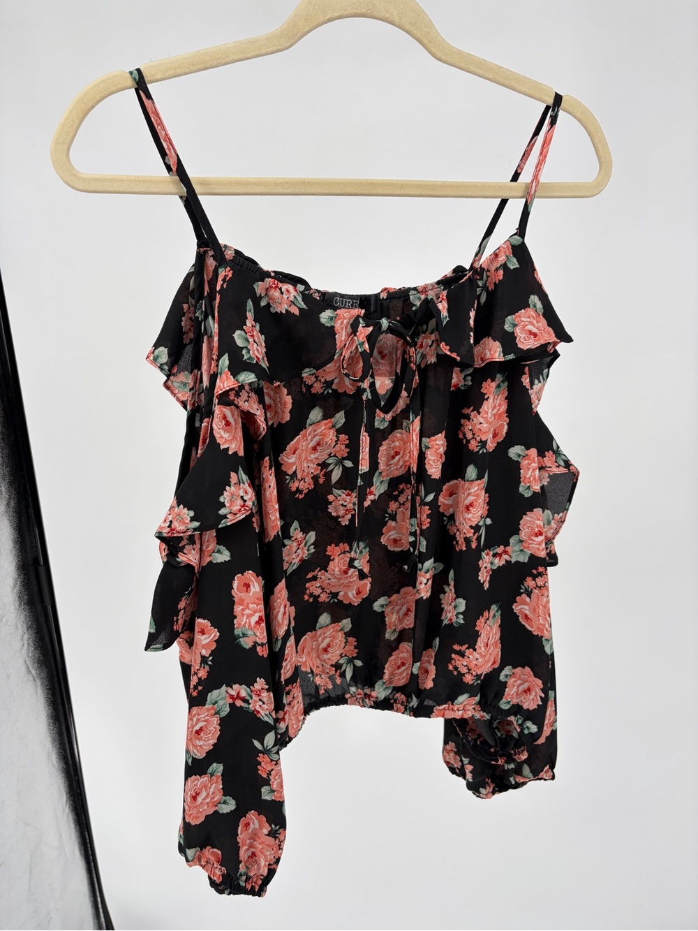 CURE Black Floral Ruffle Camisole with Pink Roses